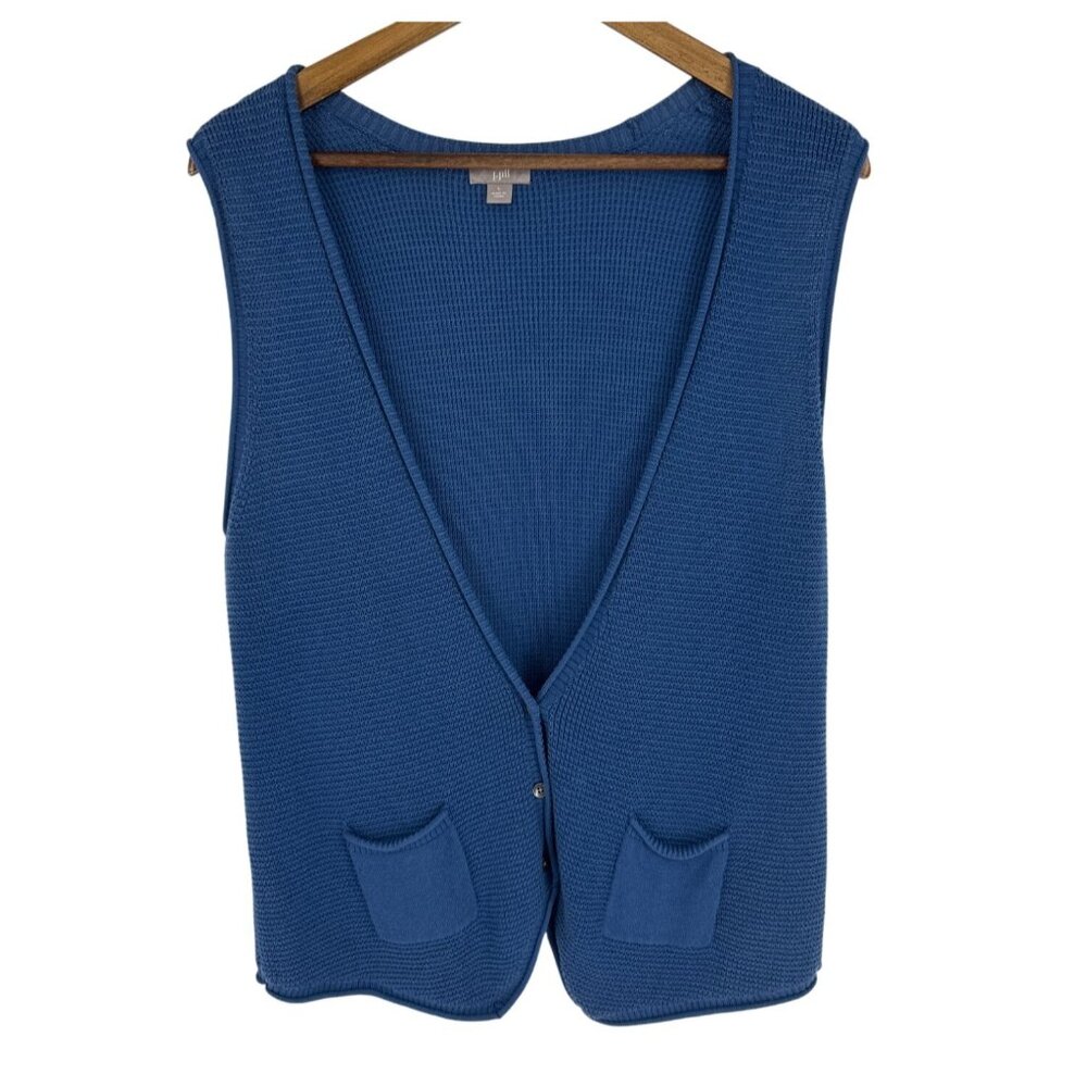 J. Jill Womens Blue Sleeveless Knit Cardigan Vest With Pockets Size L